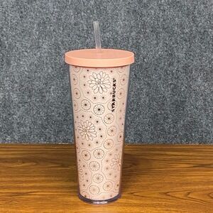 Starbucks Tumbler Cold Cup Peach Floral Design 24oz Reusable with Straw‎